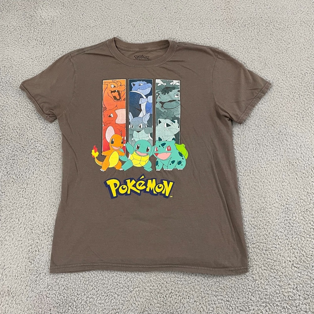 Official Pokemon T-Shirt Men M Brown Charmander Squirtle Bulbasaur Short Sleeve
